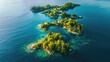 A breathtaking aerial view of a cluster of small islands surrounded by crystal clear water in the center of a serene lake, showcasing the beauty of natural landscape and marine biology AIG50