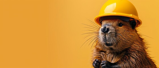 A playful concept featuring a beaver wearing a hard hat, isolated on a bright beige background, ideal for construction or DIY tools with ample copy space