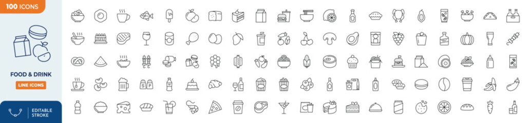 Canvas Print - food and drink line editable icon set. doos & drink icons Pixel perfect. contains icon designs for various foods and drinks