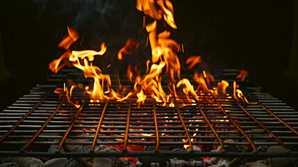 Wall Mural - Vibrant flames blazing on a barbecue grill with hot coals glowing beneath the metal grate.