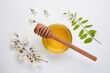 Composition with sweet honey and acacia flowers on white background. Top view, flat lay.