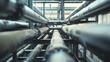 Cool tones and perspective view of industrial pipes in a complex network.