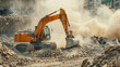 Excavator amidst the dusty haze of deconstruction, symbolizing change and urban progress.
