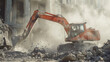 A powerful orange excavator tears down a building, engulfed in a cloud of dust and debris.