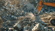 Industrial excavator amidst rubble at a construction site.