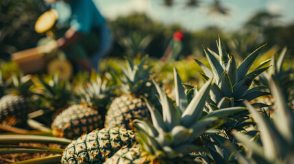 Sticker - Worker harvesting ripe pineapples in a sunny field, focus on the tropical fruits in the foreground.