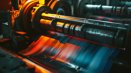 Canvas Print - Modern printing press producing vivid multi-colored prints in an industrial setting with precision machinery.