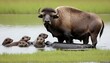 a-buffalo-with-a-family-of-otters-