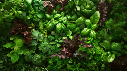 Poster - A vibrant display of various fresh green herbs and leafy vegetables creating a lush background.