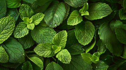 Canvas Print - A close-up image of vibrant green leaves with droplets of water, showcasing rich textures and colors.