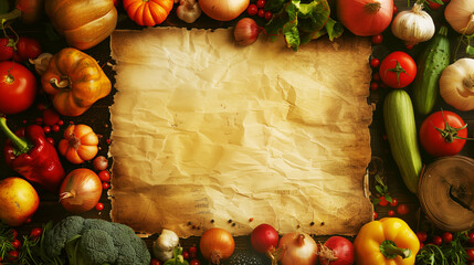 Wall Mural - Assortment of fresh vegetables around vintage parchment paper on wooden background.