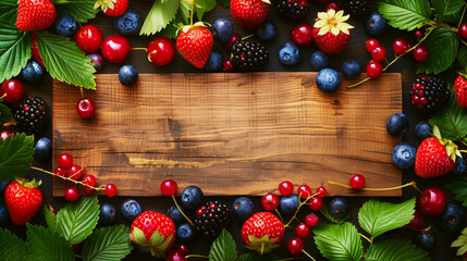 Wall Mural - Fresh assorted berries with leaves elegantly arranged on a dark wooden background, creating a vibrant frame with copy space.