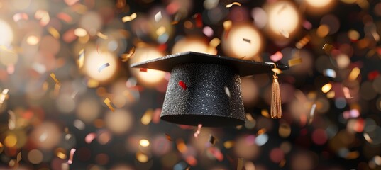 Wall Mural - Studio lit graduation cap with confetti, sparkles, and shadows symbolizing achievement