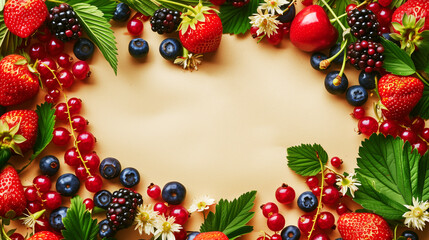 Wall Mural - Colorful array of fresh berries with leaves, arranged as a frame on a beige background.