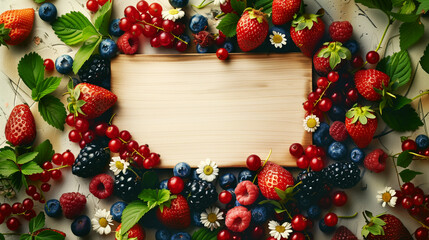Wall Mural - A vibrant display of mixed berries and flowers framing a blank wooden board, ideal for copy space.
