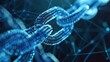 © antkevyv - Blockchain identity management technology, glowing blue chain of ones and zeroes on dark blue background symbolizes blockchain technology, security trust transparency immutability consensus