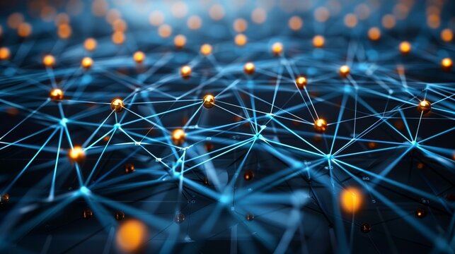Decentralized social media platform technology, glowing orange spheres representing interconnected nodes in dark blue network, focus glow information internet line