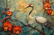 Charming scene of a Crane bird elegantly poised among Oncidium orchids, depicted in acrylic impasto with palette knife techniques for a serene, textured effect