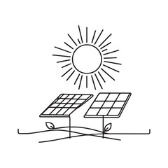 Solar energy in continuous line art drawing style. Solar panels facing the Sun to collect heat by absorbing sunlight. Black linear design isolated