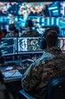 State Security Concept : Soldiers in a high-tech military control room with computers and headsets monitoring