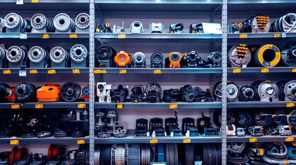 Poster - A well-organized automotive parts store with various car parts displayed on metal shelves.