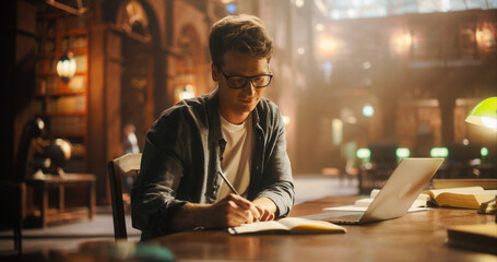 Concentrated Young Man Writing in Notebook at a Vintage Library Desk, With Laptop Open for Online Research. Warm, Ambient Lighting Highlights the Classical Architecture Surrounding Him