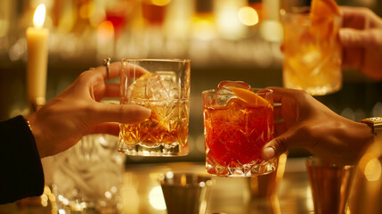 Canvas Print - Two people toasting with cocktails in a candle-lit bar, showcasing a cozy and celebratory atmosphere.