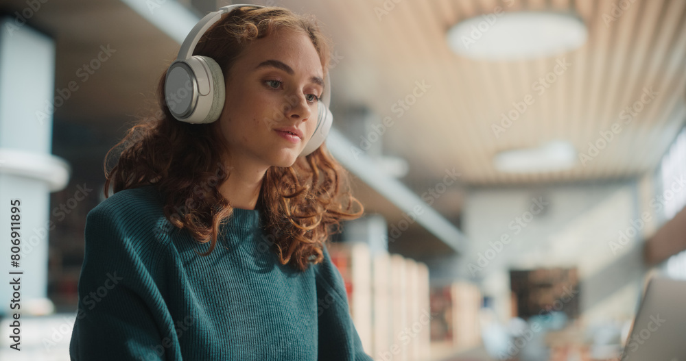 Serene Young Woman Engaged in Online Learning, Wearing Headphones and ...