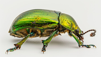 Close-up photo of a vibrant, iridescent green beetle with finely detailed texture on a white background.