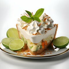 Wall Mural - Slice of lime cake with whipped cream and mint on white background