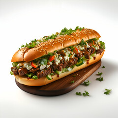 Wall Mural - Hot dog with mushrooms. cheese and vegetables on a white background.