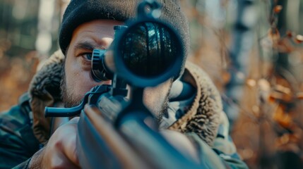 Wall Mural - A man is holding a rifle and looking through a scope