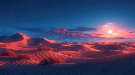 Wall Mural - A photorealistic desert dune at night, bathed in the soft glow of moonlight