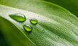 Beautiful large drop in soft light, nature, selective focus. Drops of clean transparent water on leaves. Image in green tones. Spring summer natural background.