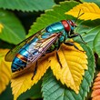 A vibrant cicada stationed in colorful leaves
