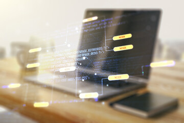 Wall Mural - abstract creative coding concept and modern desktop with computer on background. multiexposure