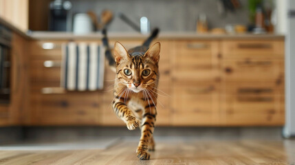 Wall Mural -  Lifestyle portrait photography of a ocicat running against a modern kitchen