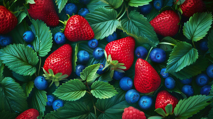 Wall Mural - Fresh strawberries, blueberries, and raspberries surrounded by vibrant green leaves.