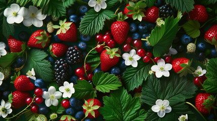 Wall Mural - Lush arrangement of mixed berries with fresh leaves and blossoms on a dark background.