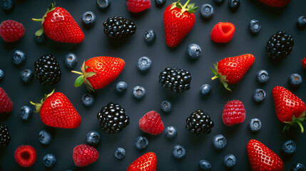 Wall Mural - Assorted fresh berries on a dark background featuring strawberries, blueberries, blackberries, and raspberries.