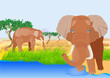 African landscape with elephants drinking from a river. Vector illustration.