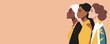 Vector flat banner for Women's Day, young women of different nationalities on a beige background. Vector concept of movement for gender equality and women's empowerment.