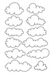 Vector set blue flat clouds, sky, vector black one line, clouds collection on white background