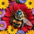 A honey bee collecting nectar from vibrant colorful flowers