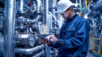 Sticker - A male engineer in a hard hat and safety glasses using a tablet in an industrial plant with complex machinery.