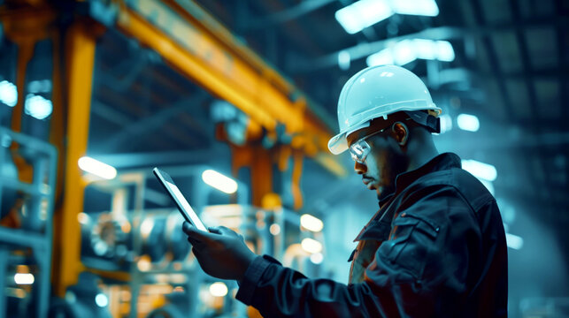 A focused factory worker in safety gear inspecting a digital tablet in an industrial setting.