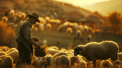 Poster - An elderly shepherd feeds his flock of sheep in a glowing, sunset-lit field, surrounded by golden dust particles.