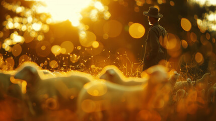 Poster - A serene scene of a man in a hat watching over a flock of sheep at sunset, surrounded by golden light and shimmering bokeh.