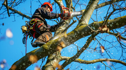 Wall Mural - Arborist using a chainsaw to prune a tree, wood chips flying around on a sunny day.