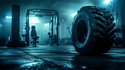 Wall Mural - Dark and atmospheric view of a large tire in a sparsely equipped modern fitness center